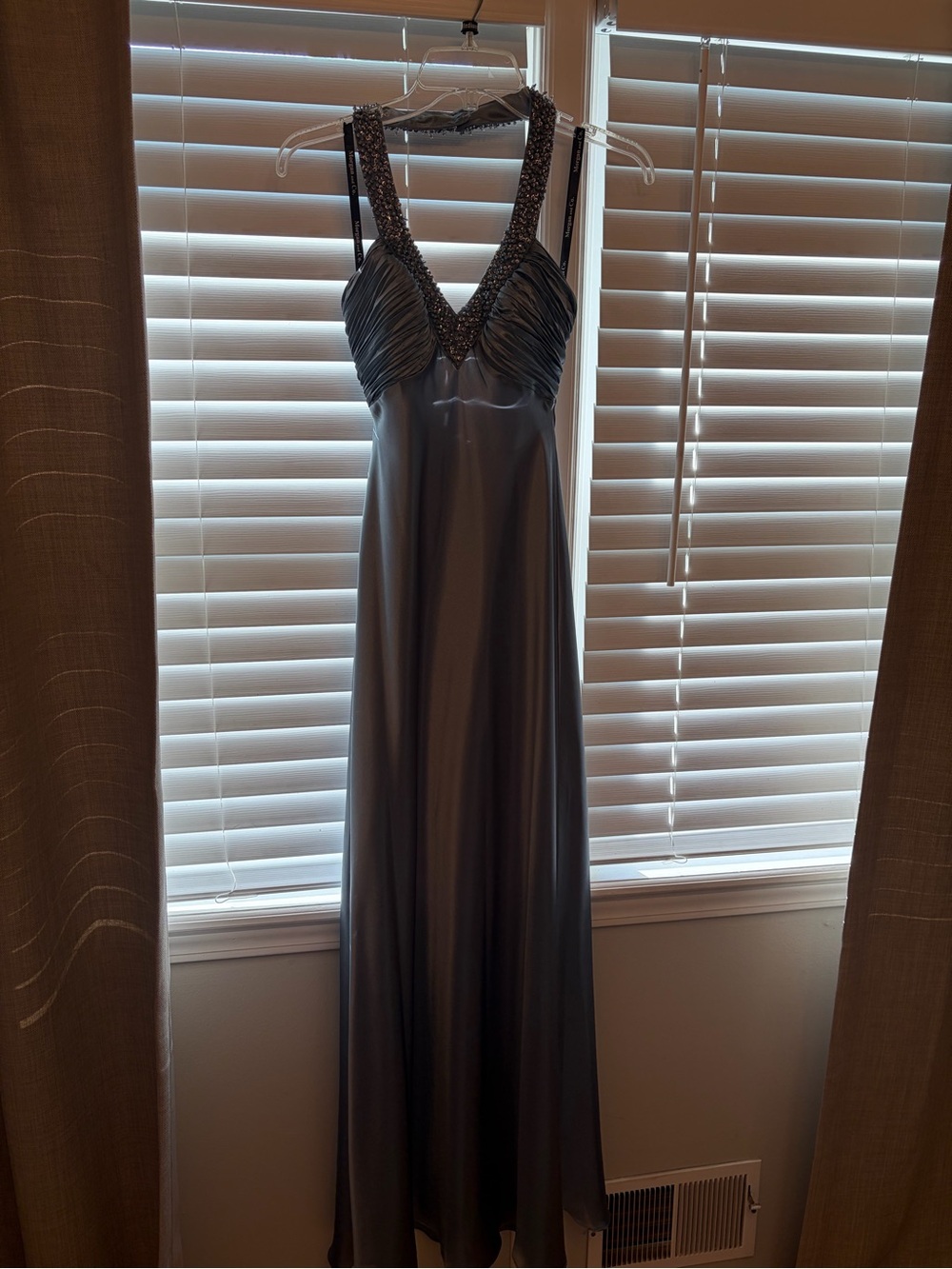 Morgan & Co. Gunmetal Satin Prom Gown with Beaded V-Neck